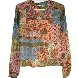 Maison d’Amélie Boho Patchwork Blouse Metallic Thread Sheer Lined Long Sleeve S